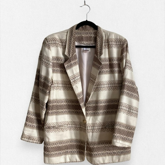 Vintage Jackets & Blazers - Vintage Eclectic Grandpa Blazer Beige Brown Boho Casual Office Pattern Size XL